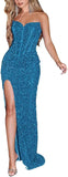 Sparkly Sequin Prom Dresses for Women 2025 Long Mermaid Strapless Glitter Formal Evening Prom Ball Gown with Slit