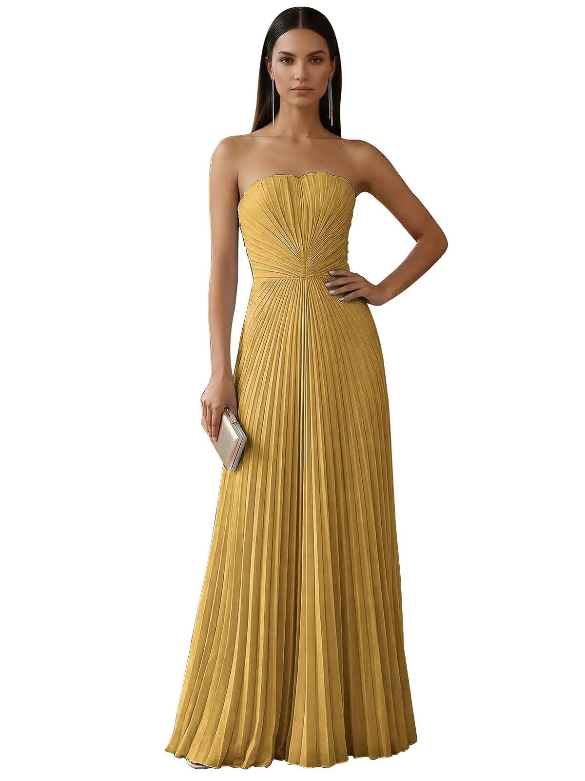 Strapless Prom Dresses for Women Long A Line Cocktail Dress Pleated Chiffon Formal Wedding Guest Dress