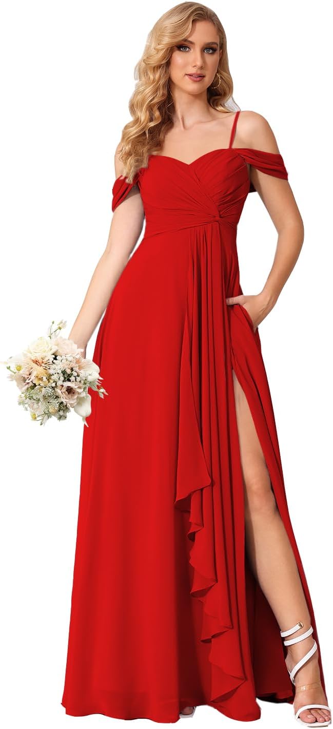 Damen Schulterfreies Brautjungfernkleid Lang mit Schlitz Chiffon Rüschen Falten Formales Partykleid 