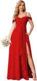 Damen Schulterfreies Brautjungfernkleid Lang mit Schlitz Chiffon Rüschen Falten Formales Partykleid 