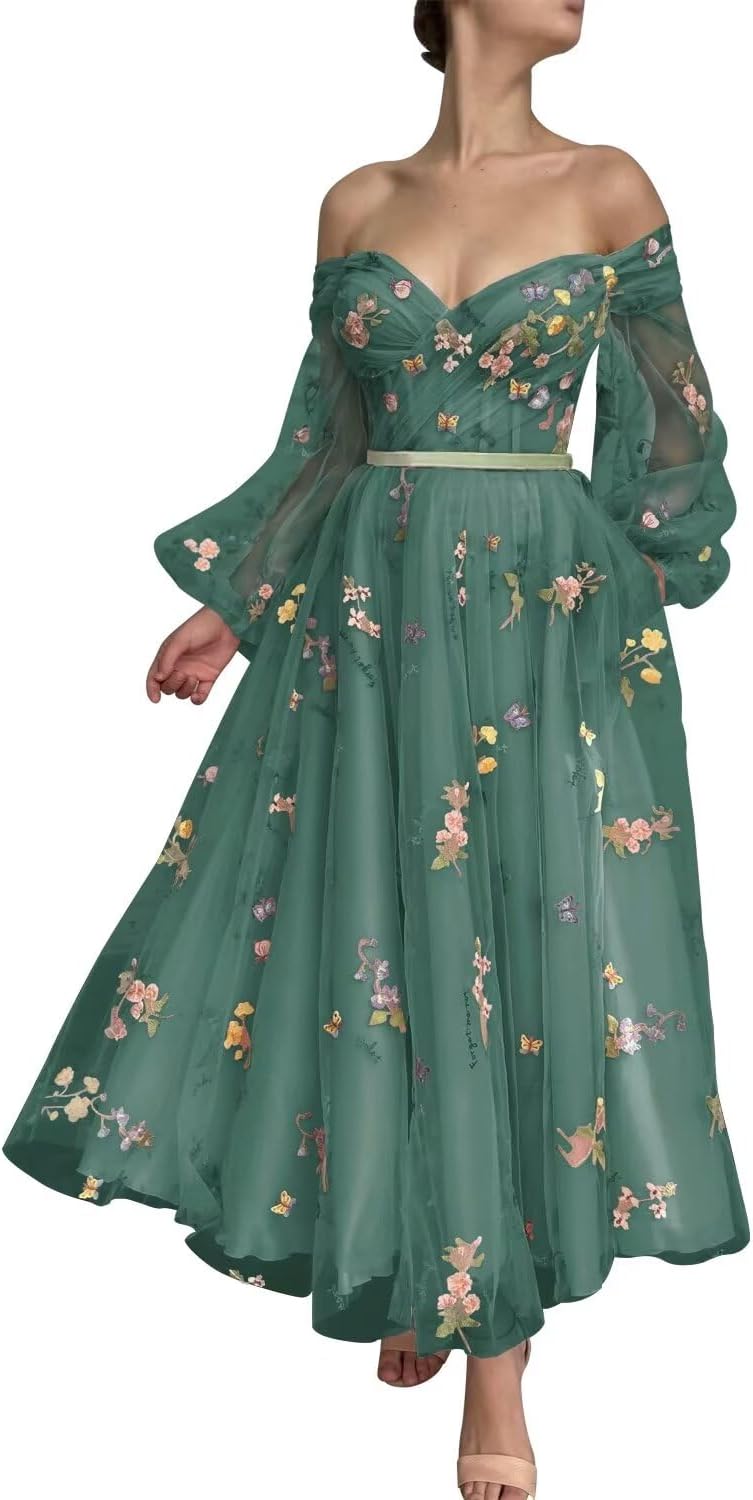 Vestidos de fiesta de tul con bordado de flores para mujer, 2024, largos, con hombros descubiertos, formales, para noche 