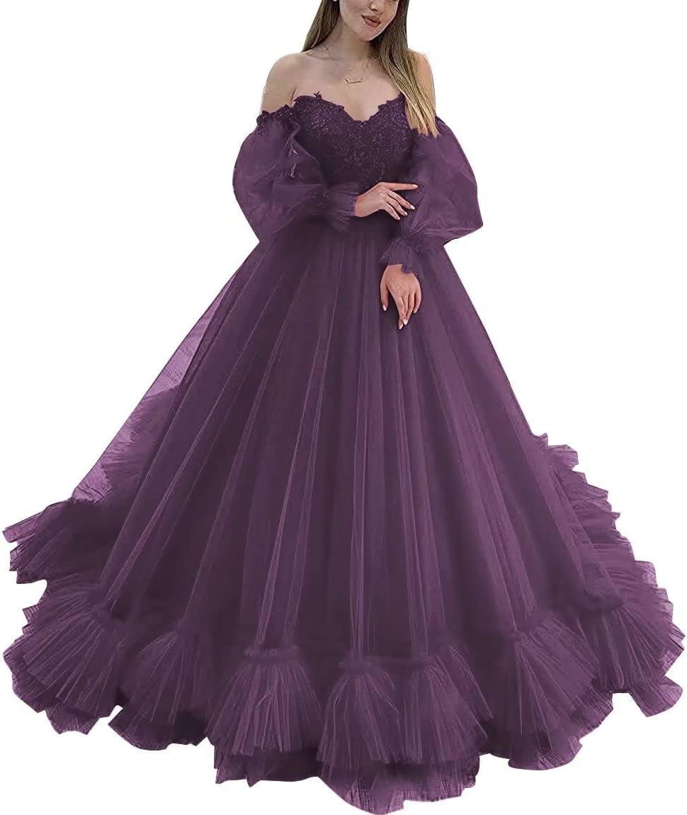 Off Shoulder Lace Appliques Ball Gown Quinceanera Dresses Long Sleeve Wedding Dress Bridal Gowns