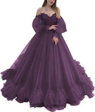 Off Shoulder Lace Appliques Ball Gown Quinceanera Dresses Long Sleeve Wedding Dress Bridal Gowns
