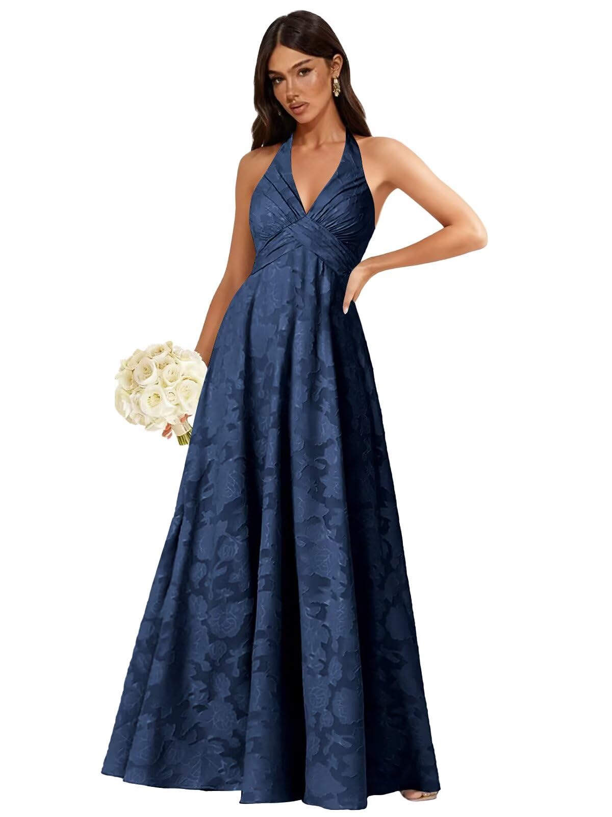 Floral Lace Bridesmaid Dresses for Women Long V Neck A-Line Open Back Halter Formal Evening Gown