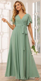 Damen Brautjungfernkleider mit Flatterärmeln, lang, mit Taschen, V-Ausschnitt, Chiffon, formelle Kleider 