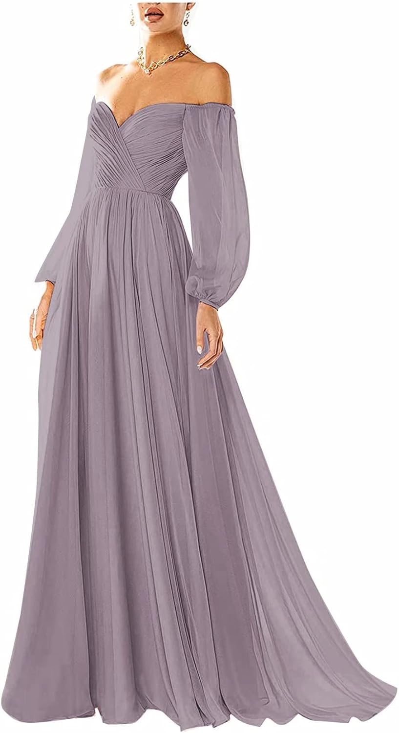 Vestido de fiesta con hombros descubiertos, manga larga, estilo formal, plisado, corte A, para mujer