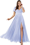 Damen Brautjungfernkleider mit Flatterärmeln, lang, mit Schlitz, V-Ausschnitt, Chiffon, formelle Kleider 