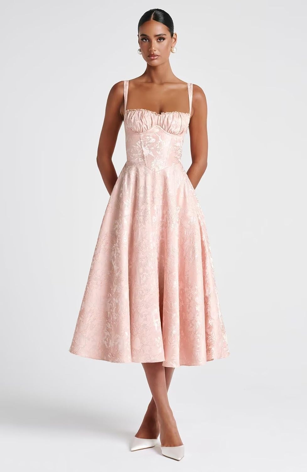 Eightale Satin Jacquard Prom Dress with Bow Tea Length Floral Midi Formal Evening Party Gown
