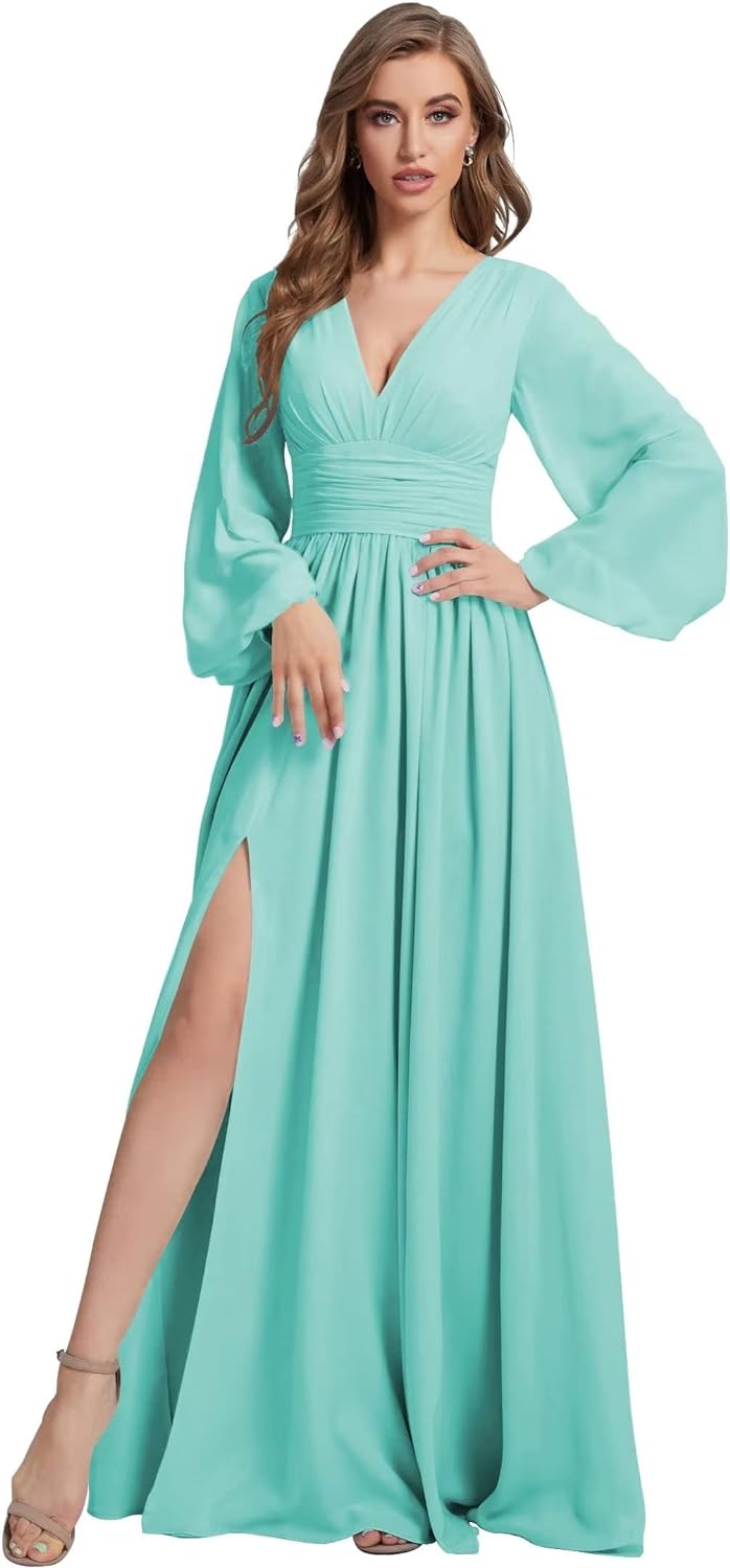 Womens V-Neck Long Sleeve Bridesmaid Dresses with Slit 2024 Ruched A-line Chiffon Prom Formal Dresses