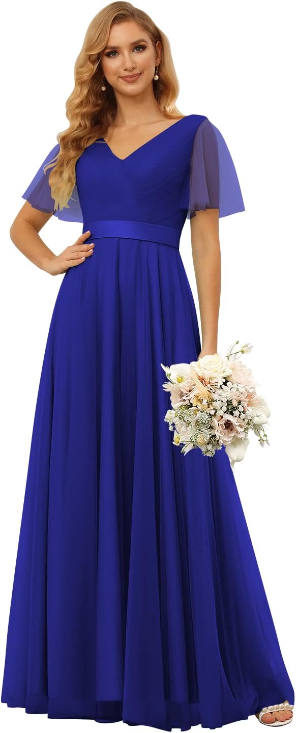 Damen Brautjungfernkleider mit Flatterärmeln, Tüll, lang, V-Ausschnitt, Empire-Taille, formelles Kleid 