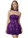 Strapless Sequin Homecoming Dresses for Teens Short Prom Dress Sparkly A-Line Cocktail Party Gowns with Pockets