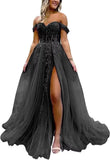Off The Shoulder Tulle Prom Dress with Laces Applique A-line Slit Long Ball Gowns Glitter Formal Evening Dress