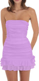 Women's Sexy Tube Top Bodycon Mini Dress Strapless Ruffle Bow Back Ruched Party Short Dresses