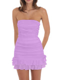 Women's Sexy Tube Top Bodycon Mini Dress Strapless Ruffle Bow Back Ruched Party Short Dresses