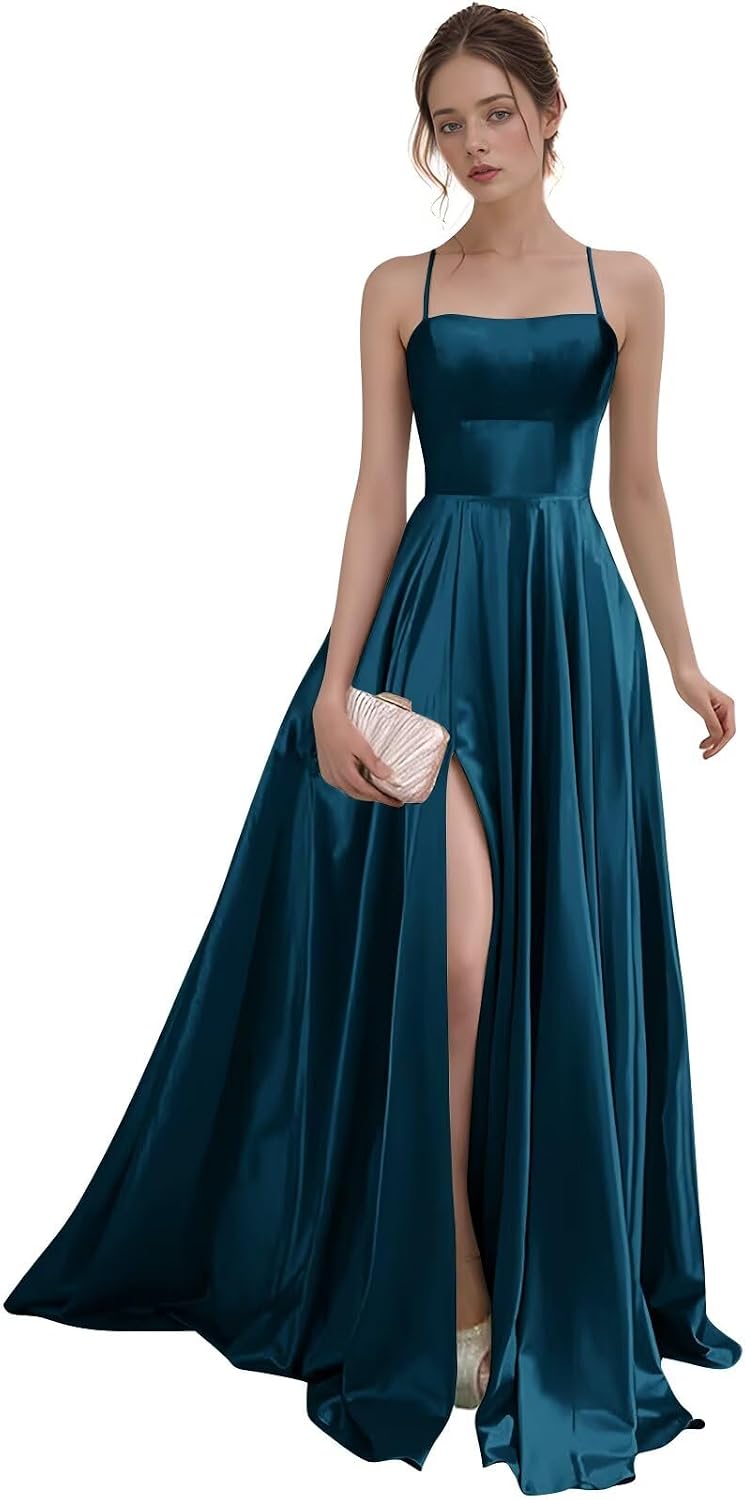Women's Satin Prom Dresses with Slit Strapless A Line Corset Ball Gowns Spaghetti Straps Formal Evening Gowns with Pockets
