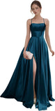 Women's Satin Prom Dresses with Slit Strapless A Line Corset Ball Gowns Spaghetti Straps Formal Evening Gowns with Pockets