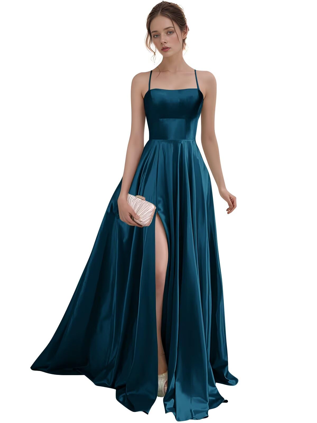 Women's Satin Prom Dresses with Slit Strapless A Line Corset Ball Gowns Spaghetti Straps Formal Evening Gowns with Pockets