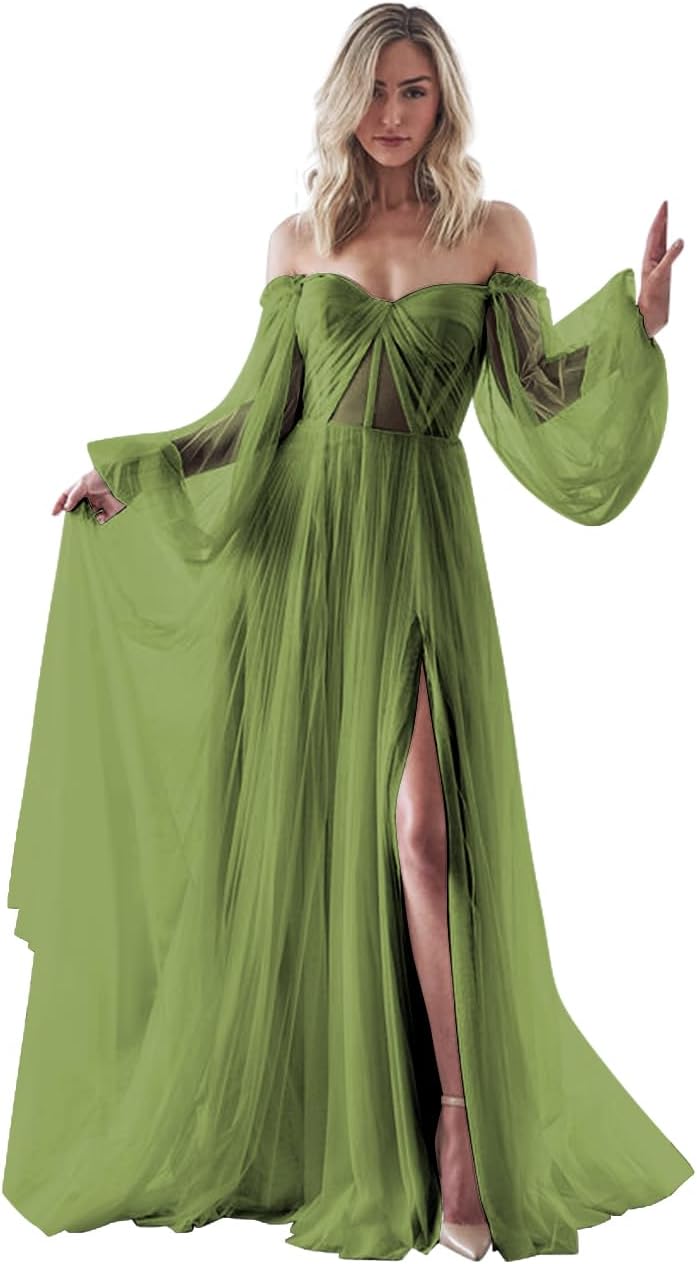 Women's Puffy Long Sleeve Prom Dresses with Slit Off Shoulder Tulle Wedding Formal Evening Gowns
