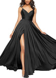Satin Bridesmaid Dresses for Women Spaghetti Straps Wedding Guest Dress Long V Neck Formal Gown with Slit