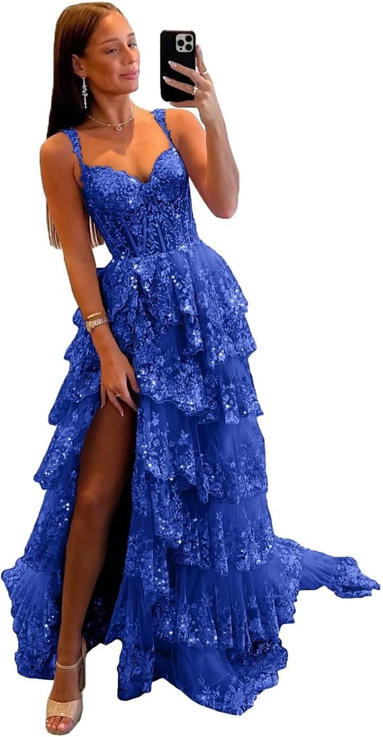 Vestido de fiesta de tul con encaje y capas, tirantes finos y abertura larga, corsé brillante, vestidos formales de fiesta de noche 