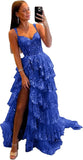 Vestido de fiesta de tul con encaje y capas, tirantes finos y abertura larga, corsé brillante, vestidos formales de fiesta de noche 