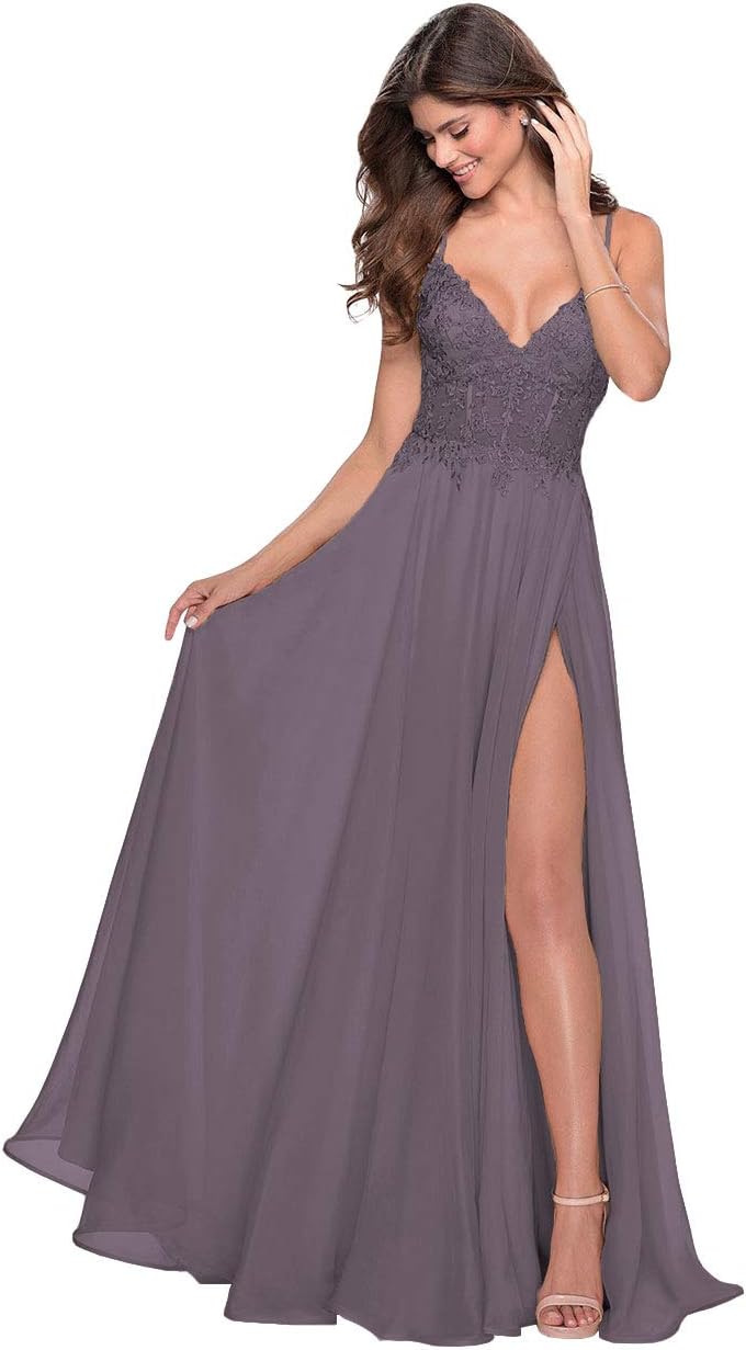 Women's Lace Appliqued Chiffon Prom Dresses Long with Slit Spaghetti Straps V Neck Formal Party Gowns