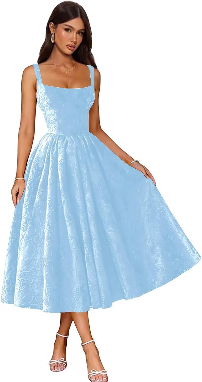 Jacquard Satin Prom Dresses 2026 Floral Square Neck Tea Length Ruched Elegant Formal Ball Gown with Pockets