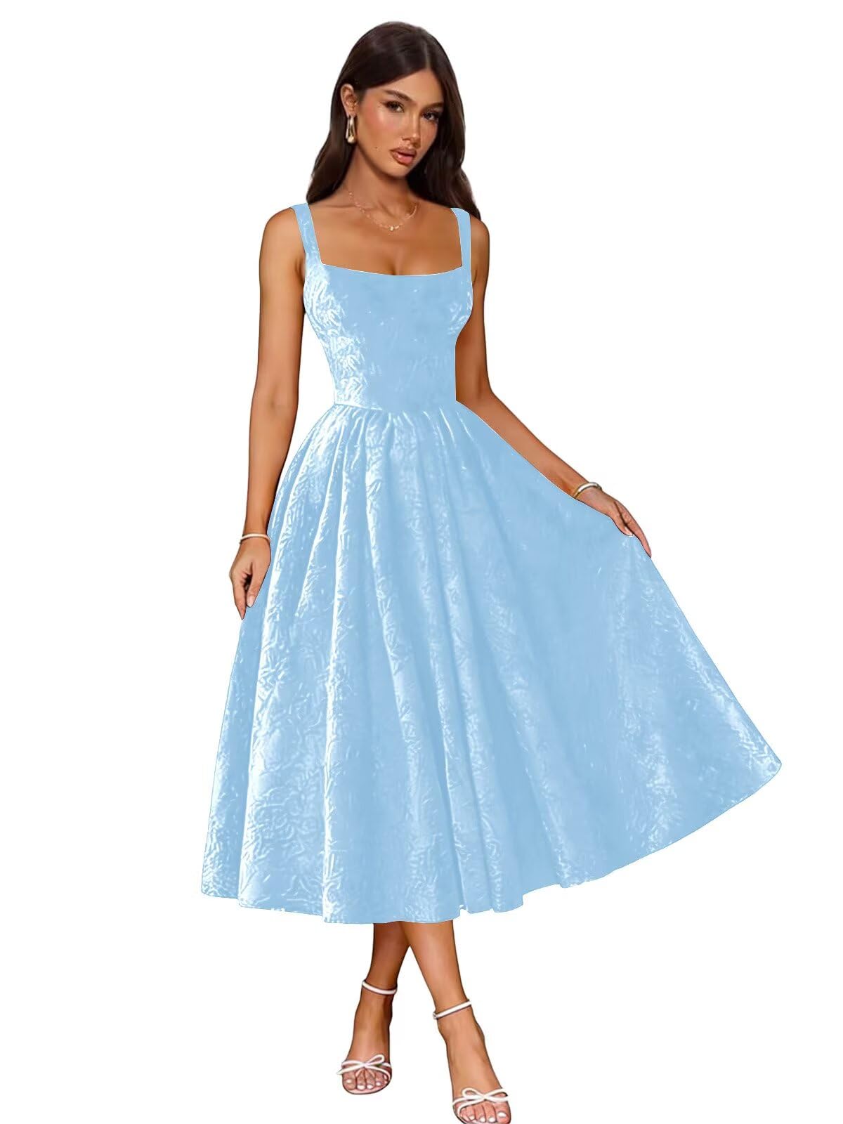 Jacquard Satin Prom Dresses 2026 Floral Square Neck Tea Length Ruched Elegant Formal Ball Gown with Pockets