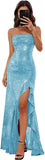 Sparkly Sequin Spaghetti Straps Prom Dresses 2026 Long Ruffles Pleated Formal Evening Dress with Slit