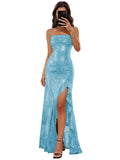 Sparkly Sequin Spaghetti Straps Prom Dresses 2026 Long Ruffles Pleated Formal Evening Dress with Slit