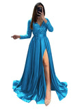 Long Sleeve Sequin Prom Dresses for Women 2027 Satin Formal Dress Sparkly Slit Evening Party Gown with Pocket