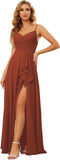 Vestidos de dama de honor largos de gasa con tirantes finos y bolsillos, vestidos formales con volantes y abertura para mujer 