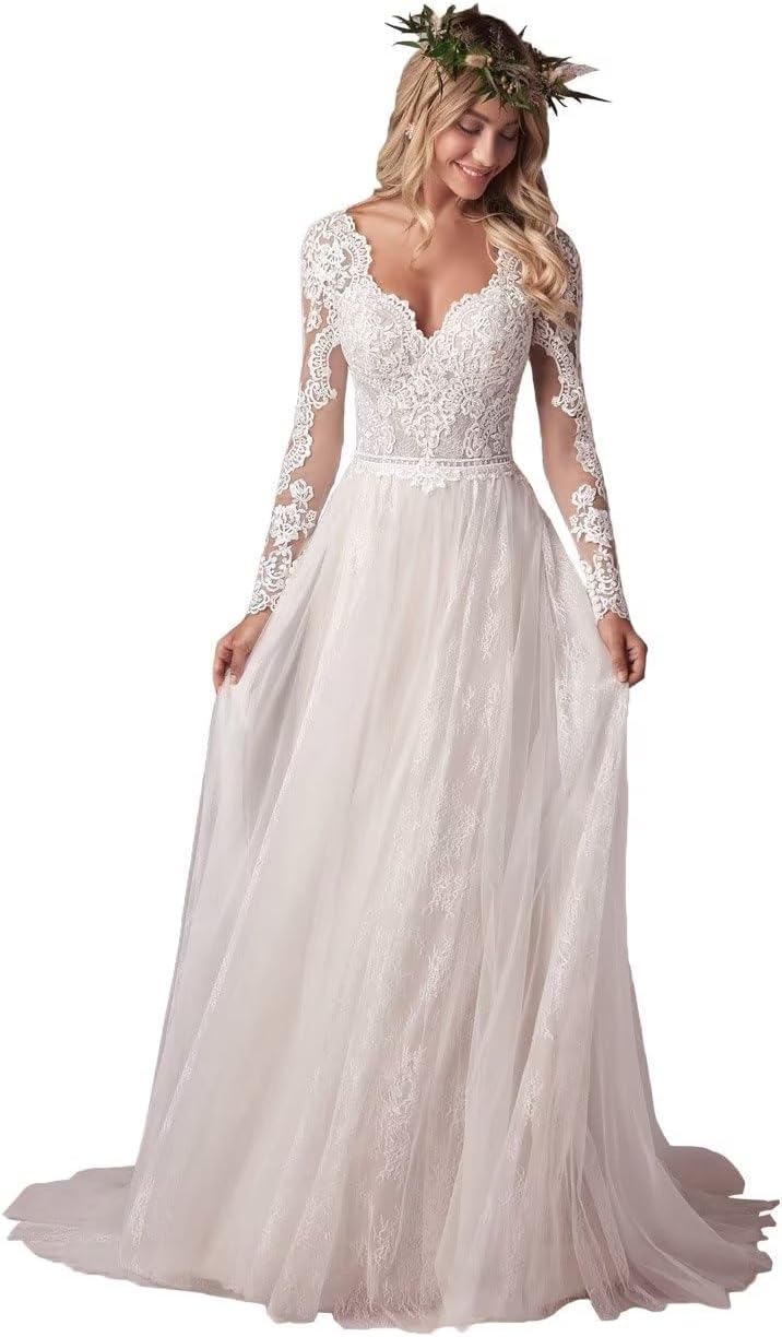 Women's Beach Wedding Dresses for Bride 2025 Long Lace Wedding Bridal Gowns