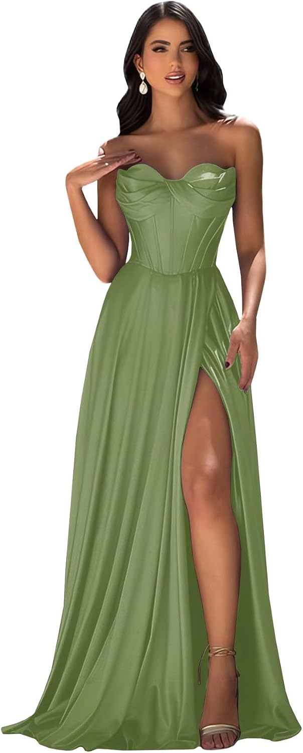 Strapless Prom Dress with Slit Satin A Line Long Ball Gowns for Women Sweetheart Corset Formal Dress with Pockets