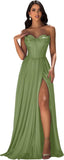 Strapless Prom Dress with Slit Satin A Line Long Ball Gowns for Women Sweetheart Corset Formal Dress with Pockets