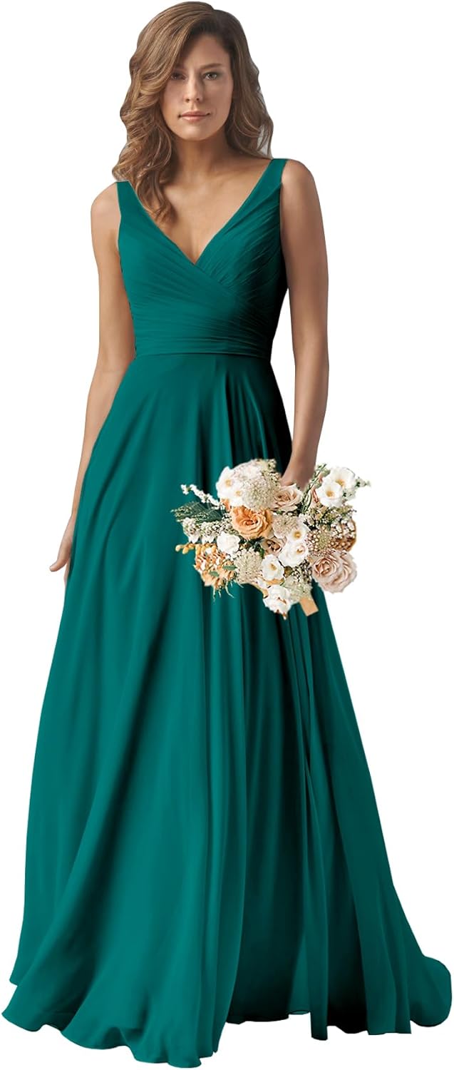Chiffon Bridesmaid Dresses Long for Women A Line Ruched Formal Porm Evening Gowns