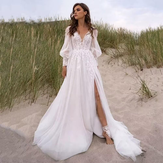 Long Sleeve Tulle Prom Evening Dresses Long Lace Applique A Line Ball Gown 2027