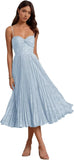 Floral Satin Midi Wedding Guest Dresses Pleated Tea Length Formal Evening Party Gowns