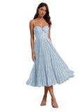 Floral Satin Midi Wedding Guest Dresses Pleated Tea Length Formal Evening Party Gowns