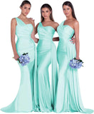 Women's One Shoulder Mermaid Bridesmaid Dresses Long Ruched Bodycon Satin Formal Prom Gowns