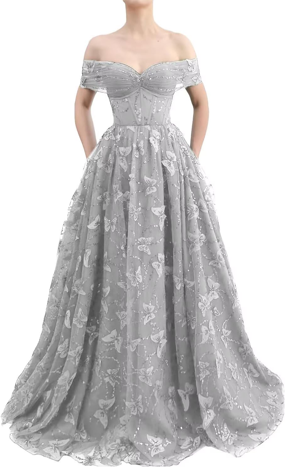 Sparkly Off Shoulder Tulle Prom Dresses with Butterfly Appliques Long A Line Formal Evening Party Gowns for Women