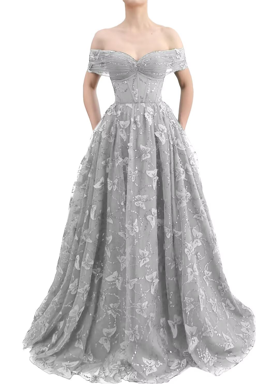 Sparkly Off Shoulder Tulle Prom Dresses with Butterfly Appliques Long A Line Formal Evening Party Gowns for Women