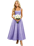 Girls Floral Satin Jacquard Junior Bridesmaid Dresses Long Ruched Flower Girl Dress for Wedding