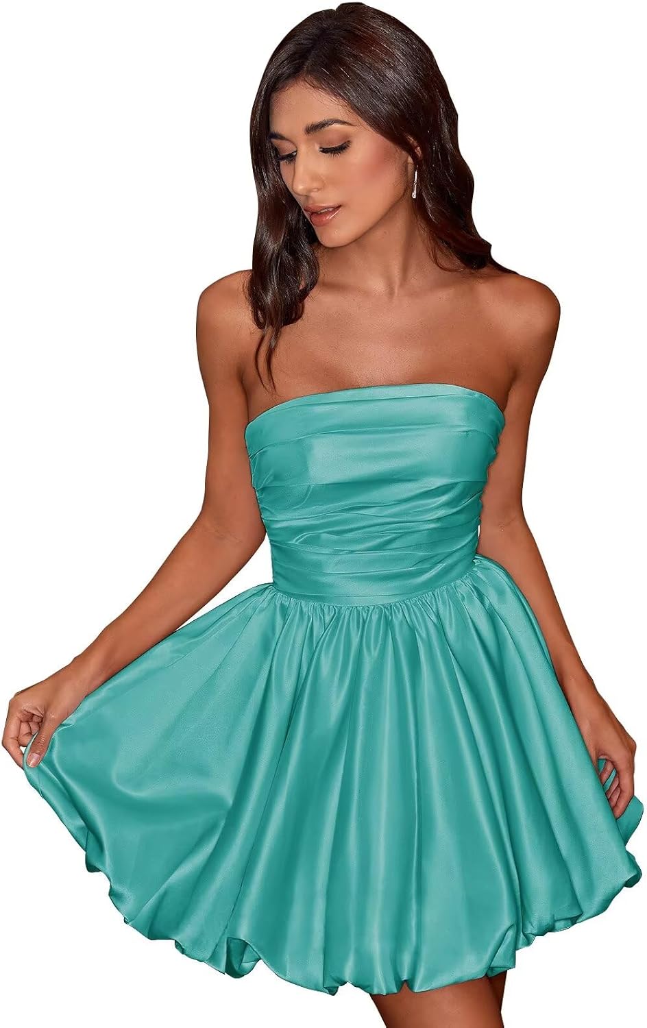 Short Satin A-Line Ruched Homecoming Dresses for Teens Strapless Ruched Mini Formal Cocktail Party Dress