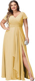 Vestidos de dama de honor de talla grande con mangas con volantes y bolsillos, vestido formal largo con escote en V y abertura. 
