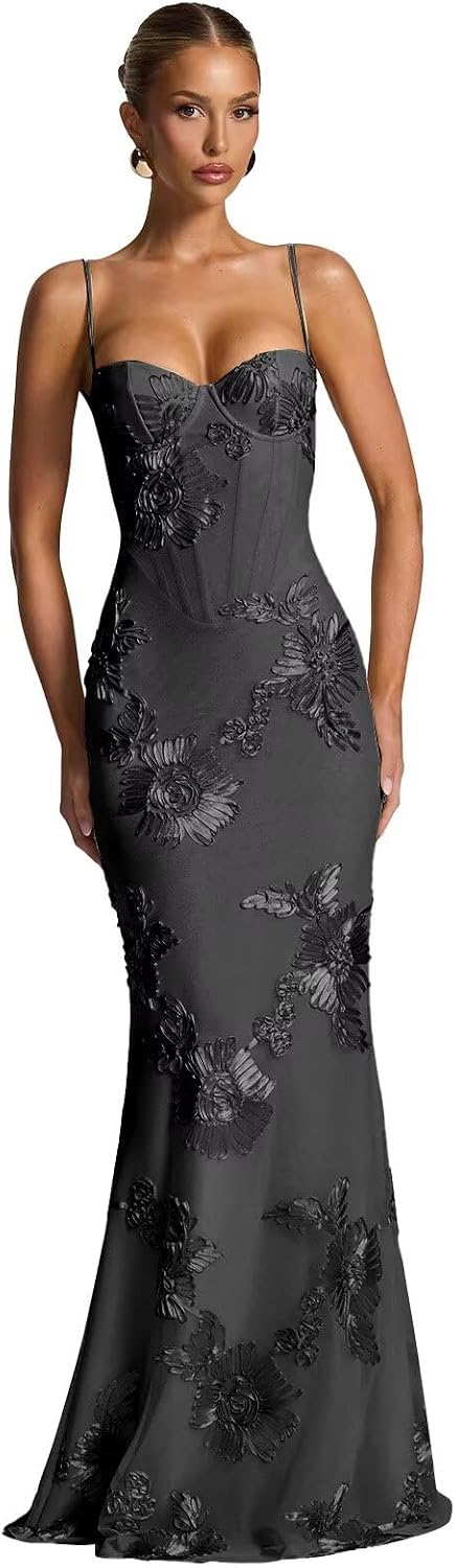 Spaghetti Straps Mermaid Prom Dress 2026 Floral Embroidery Long Corset Formal Evening Gowns