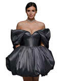 Off The Shoulder Short Wedding Dresses for Bride Puffy Satin Bridal Dresses w/Pockets Strapless Formal Ball Gowns