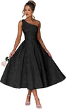 Jacquard Floral Satin Prom Dresses 2026 One Shoulder A-Line Midi Formal Evening Party Gown with Pockets for Women