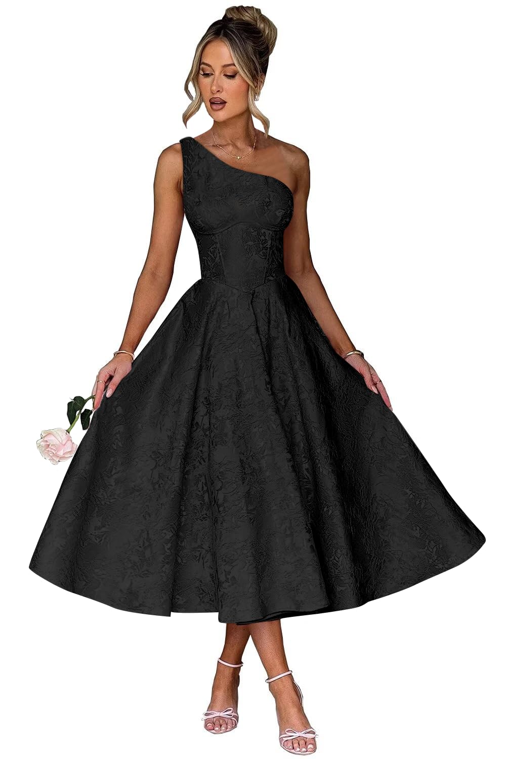 Jacquard Floral Satin Prom Dresses 2026 One Shoulder A-Line Midi Formal Evening Party Gown with Pockets for Women