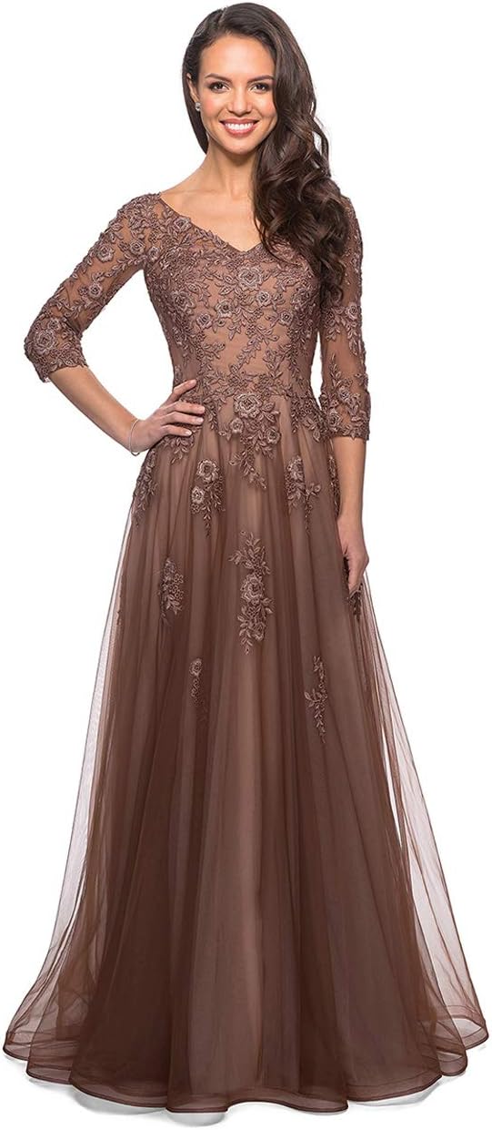 Women's Floral Lace Appliques 3/4 Sleeve Mother of The Bride Dresses Long V Neck Formal Dresses with Pockets